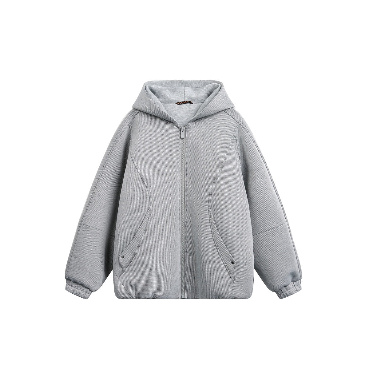 Light gray hooded full-zip jacket with curved seams, snap-detail pockets and elastic cuffs, flat front view