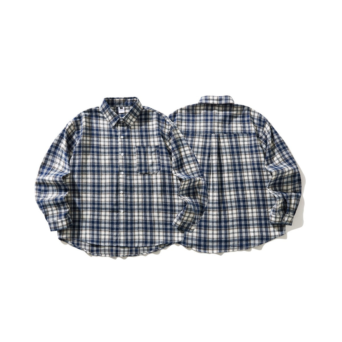 Navy, cream, and beige plaid long-sleeve button-up shirt shown from the front and back, with a chest pocket.