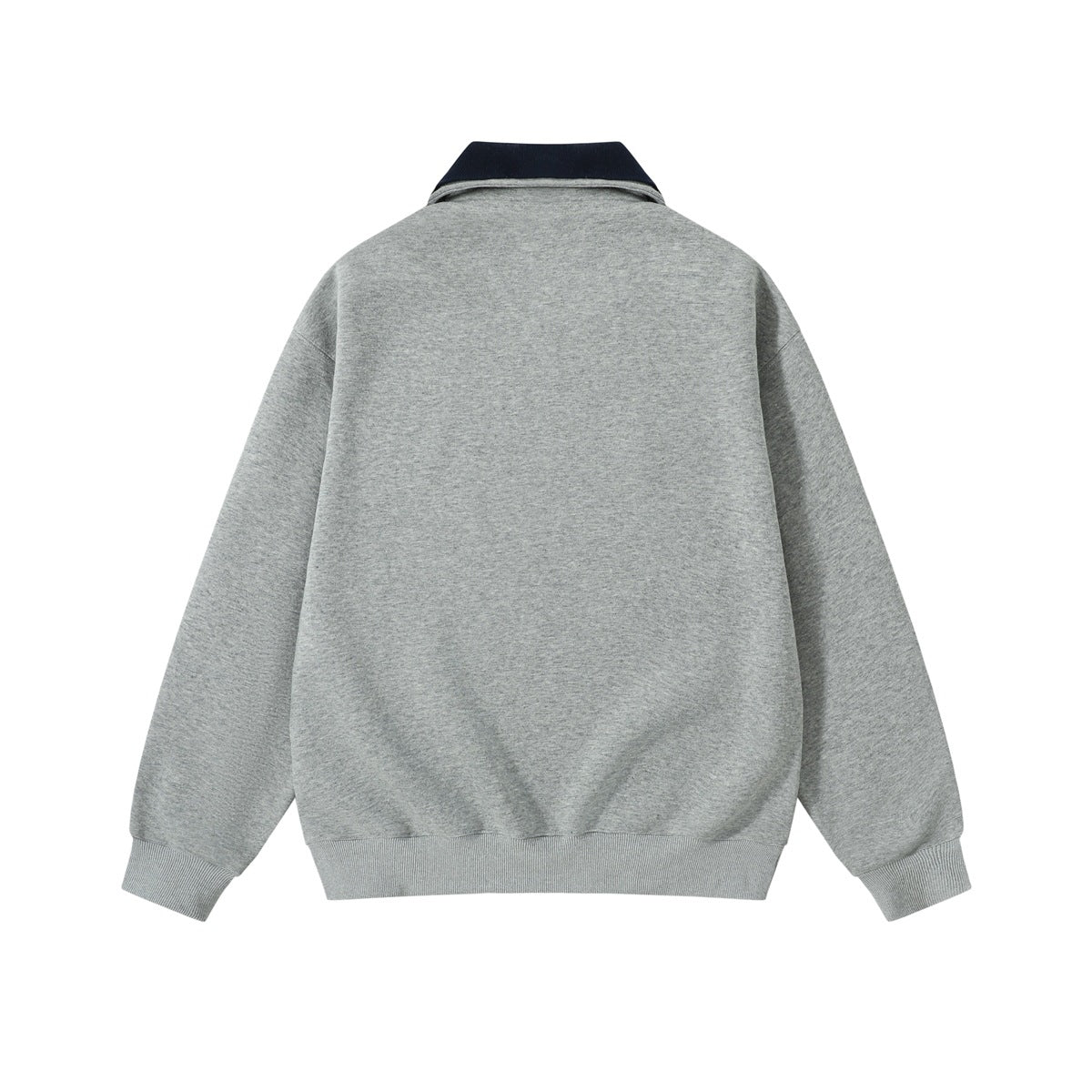 Back view of a gray pullover with a navy collar and ribbed cuffs and hem.