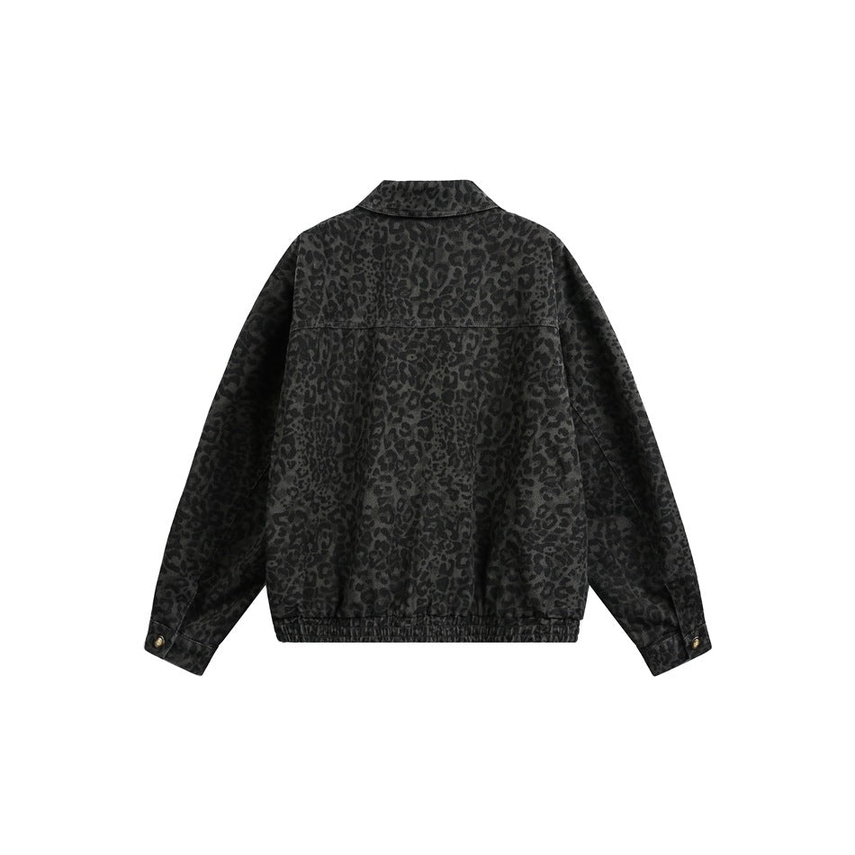 Back view of a dark gray leopard-print jacket with a pointed collar, long sleeves, and gathered hem.