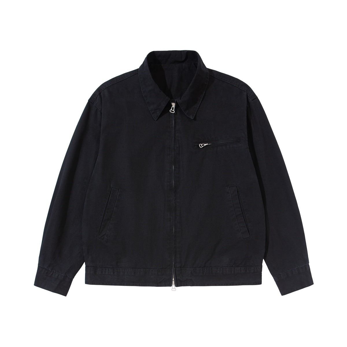 Black zip-up collared jacket flat lay with chest zip pocket and slanted front pockets