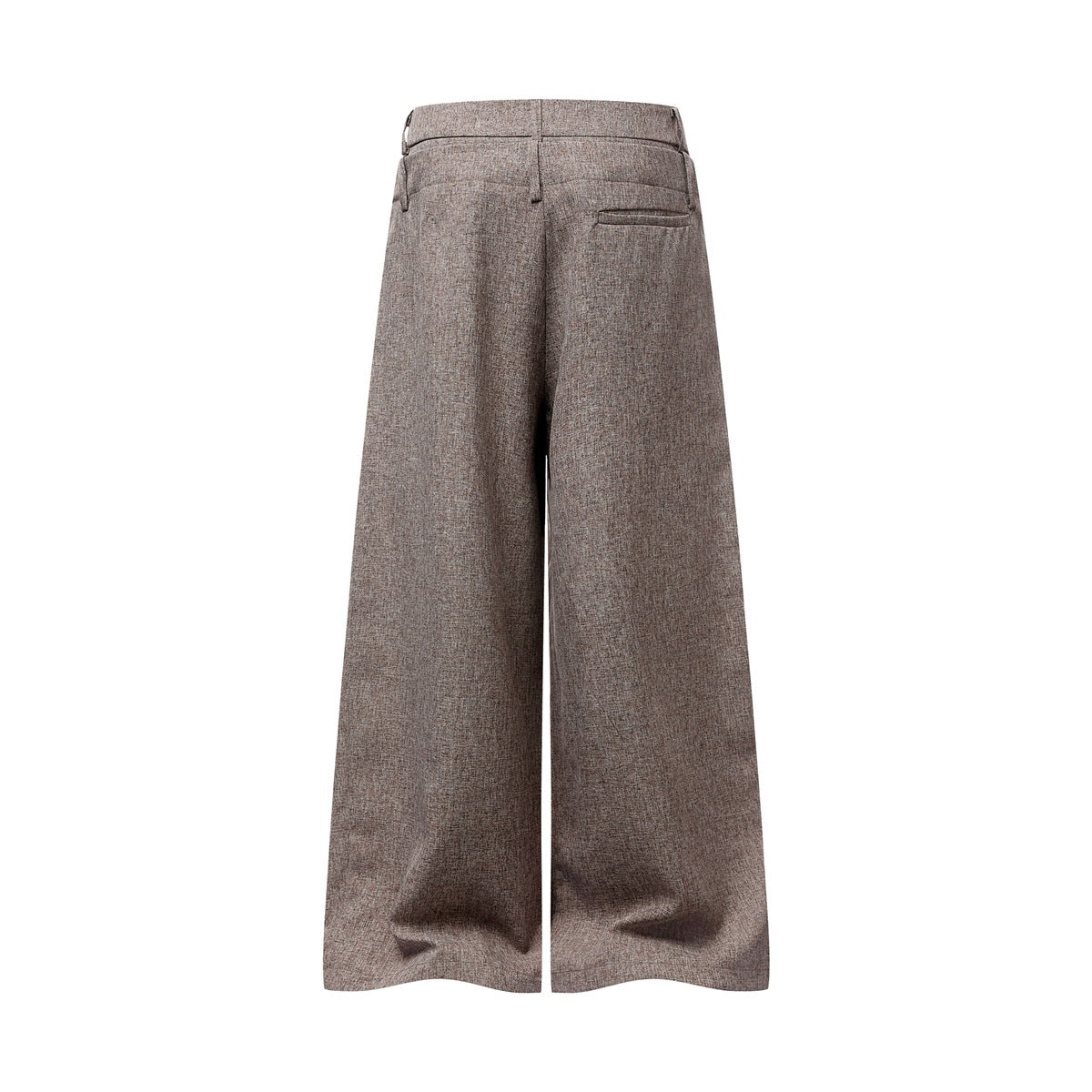 Back view of taupe wide-leg trousers with a waistband and welt pocket.