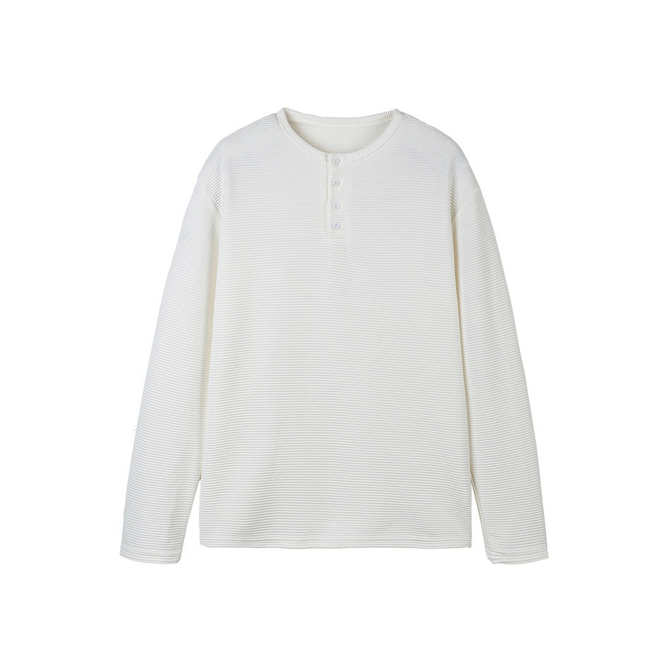 White long-sleeve Henley pullover with fine horizontal ribbed texture and four buttons, flat lay on white background