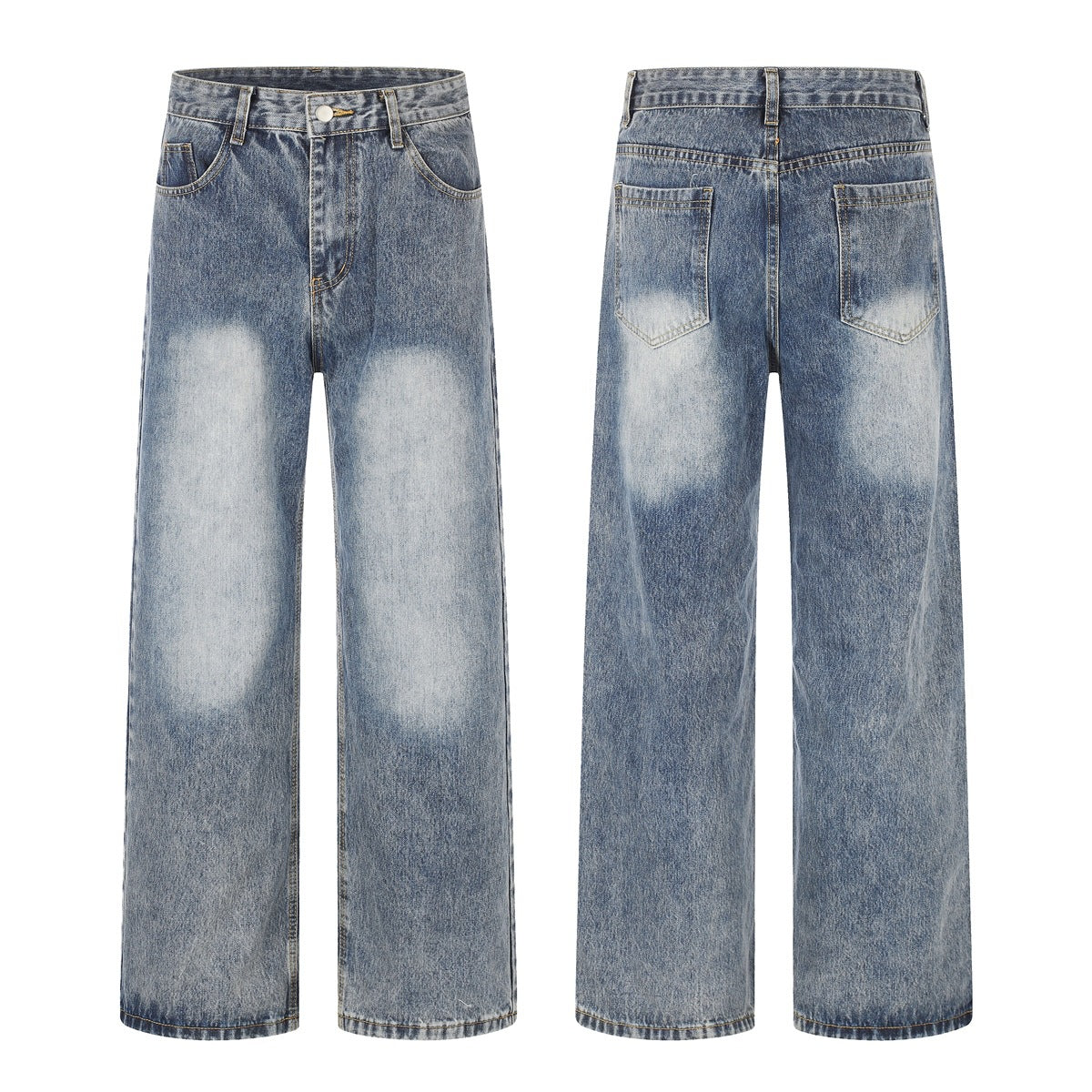 Blue acid-wash wide-leg jeans shown from the front and back, with contrast stitching and faded patches.
