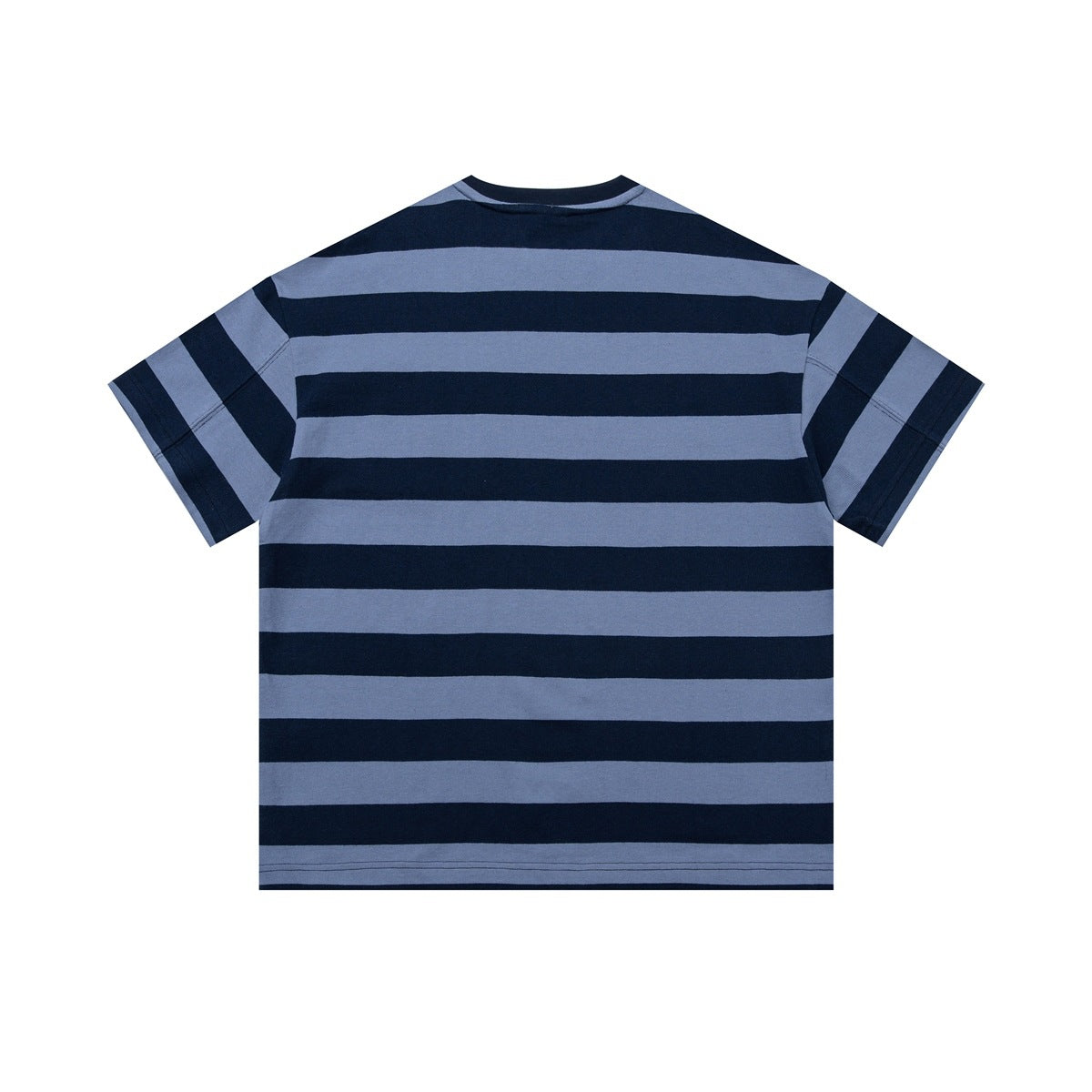 Back view of a short-sleeve T-shirt with wide navy and slate-blue horizontal stripes.