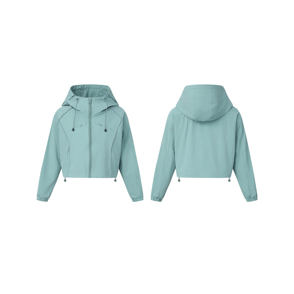 Pale aqua cropped hooded jacket shown from the front and back, with a front zipper, drawcords and elastic cuffs.