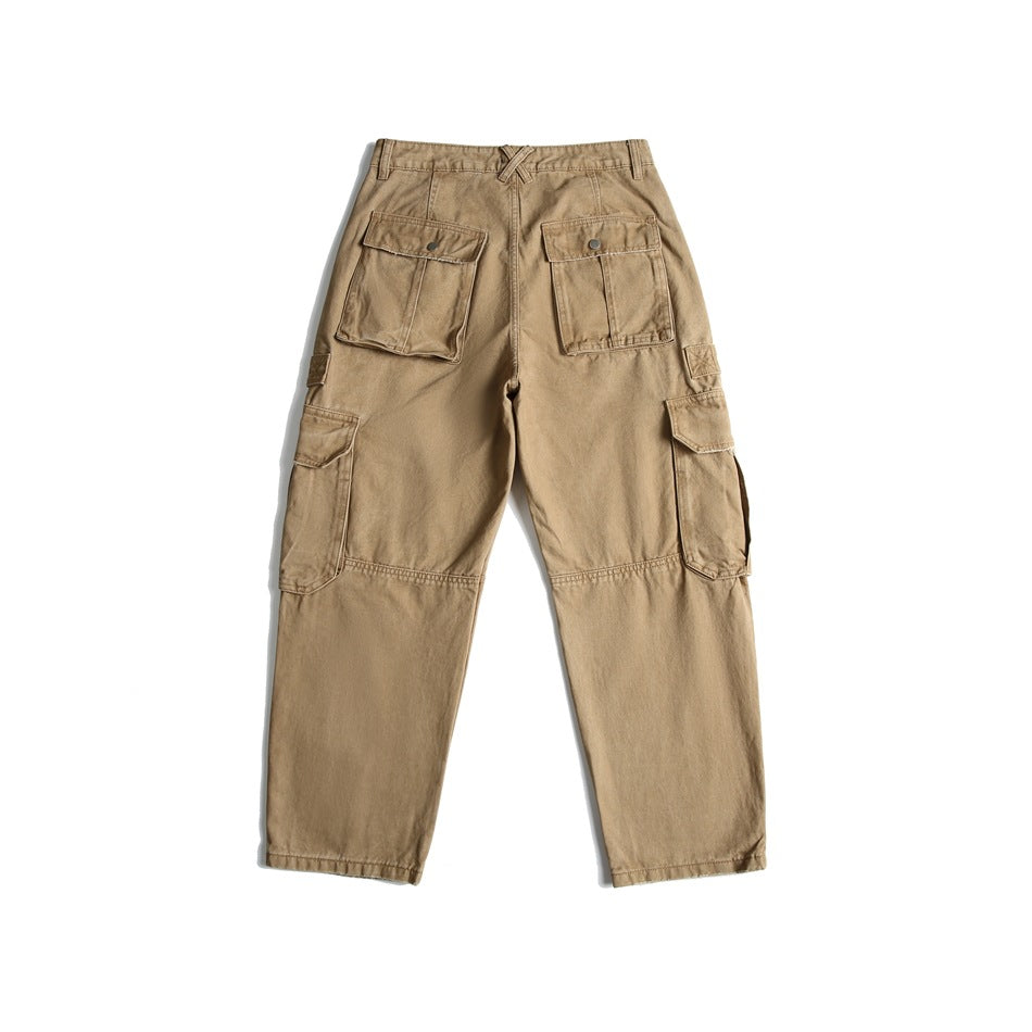 Khaki cargo pants flat lay, back view, with two flap patch pockets and X-shaped stitch at the waist