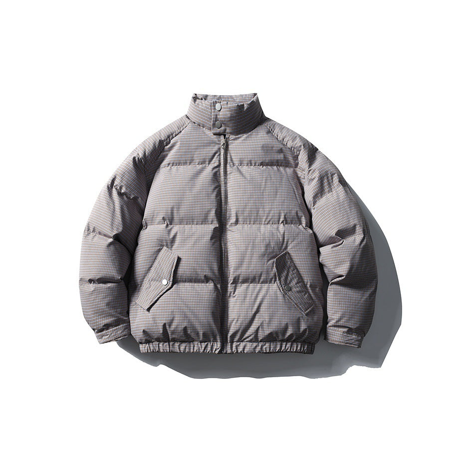 Taupe-gray orange-tone plaid puffer jacket, front flat lay with stand collar, zipper and snap flap pockets