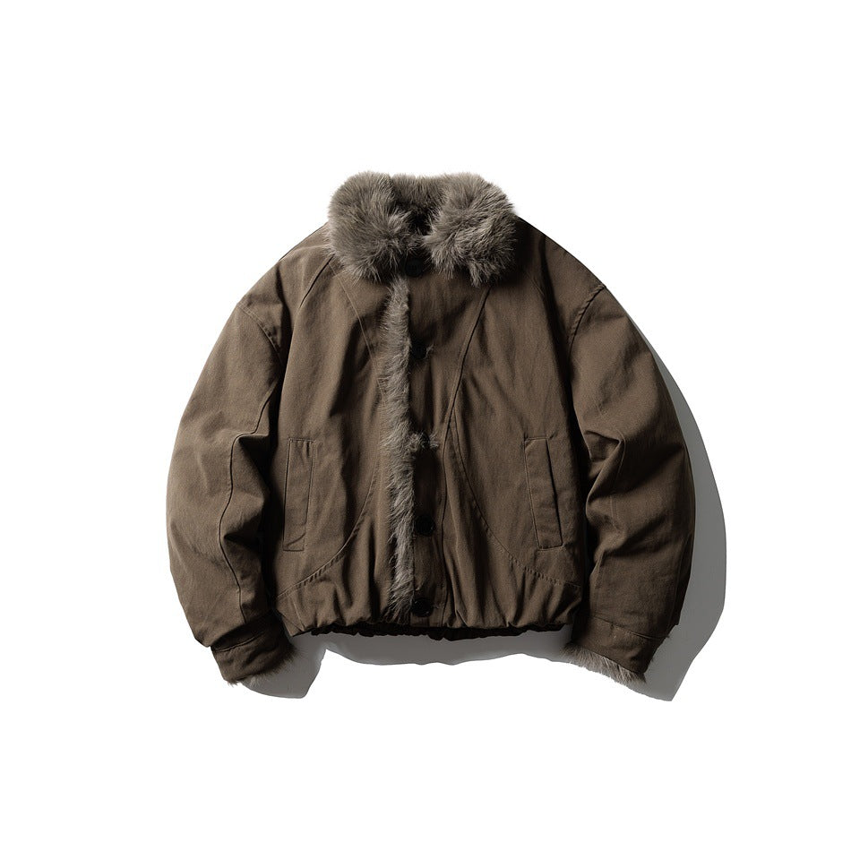 Front view of a dark brown jacket with a fur-trimmed collar and placket, buttons, and two front pockets.