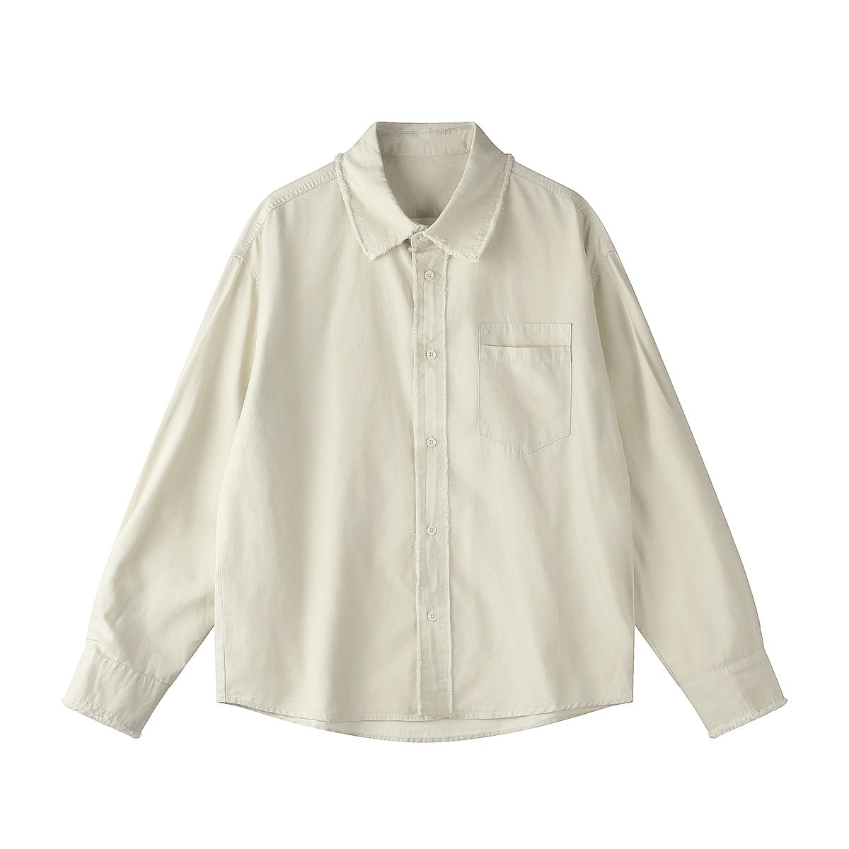 Beige long-sleeve button-up shirt with frayed collar, placket and cuff edges and a chest pocket, flat front view