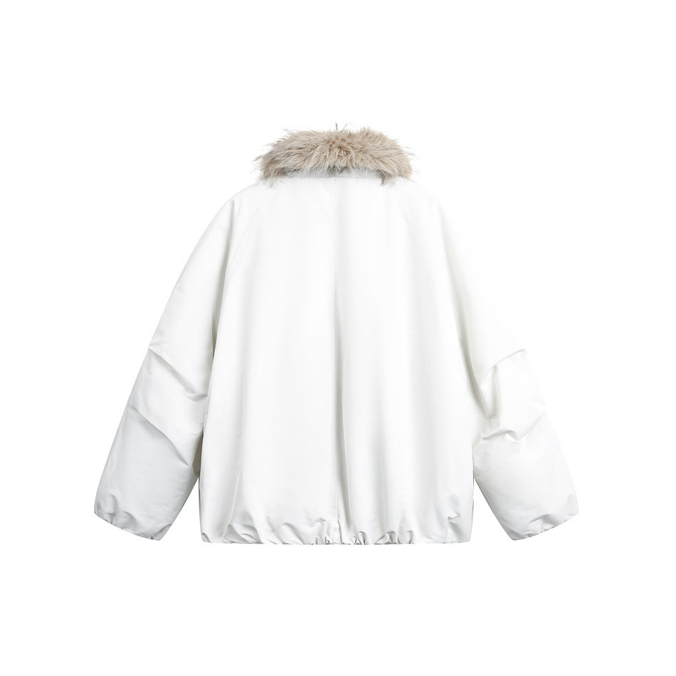 Back view of a white jacket with a taupe faux-fur collar and long sleeves.