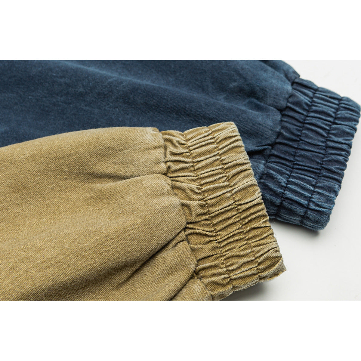 Close-up of gathered sleeve cuffs on tan and dark blue jackets.
