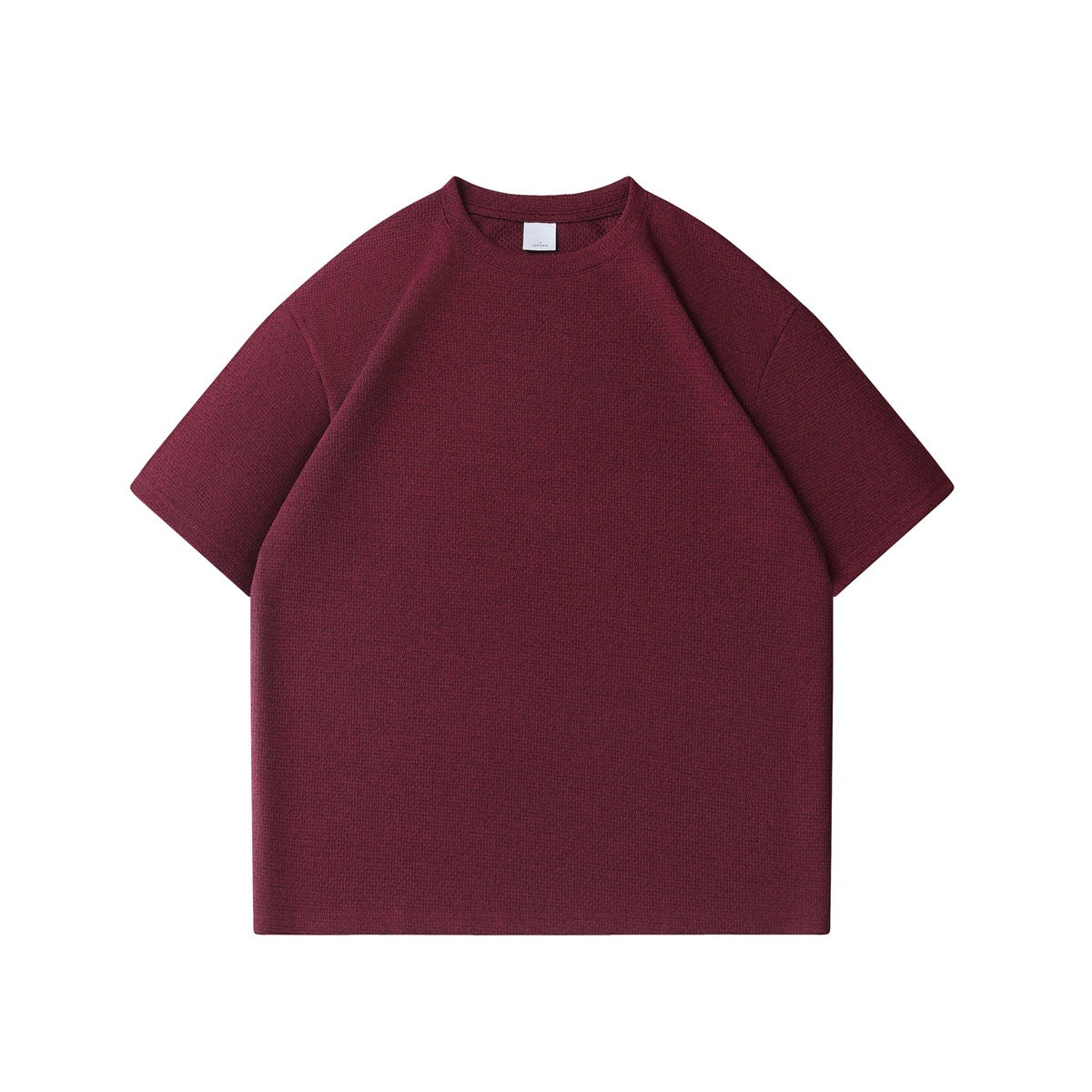 Burgundy short-sleeve crew-neck T-shirt with textured knit fabric, flat front view
