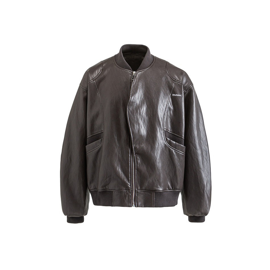 Brown glossy leather-look bomber jacket, front view, with asymmetrical zipper, ribbed collar, cuffs and hem