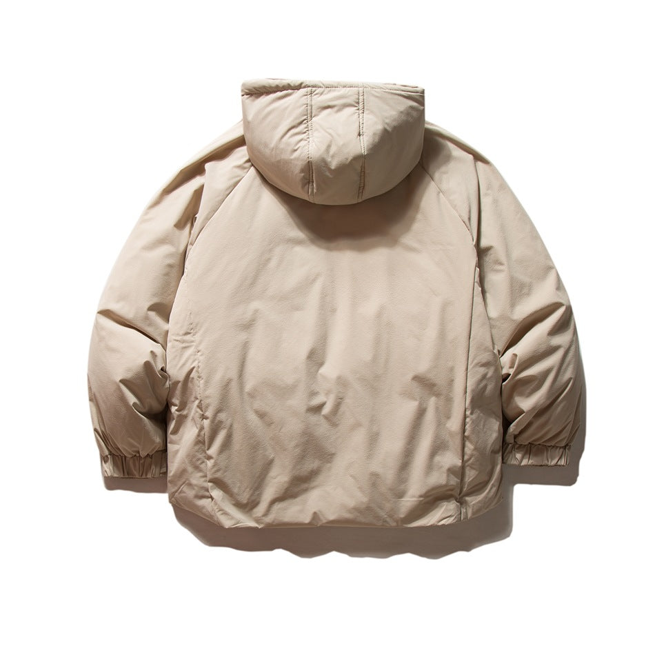 Back view of a light beige hooded jacket with a plain panel and gathered cuffs.