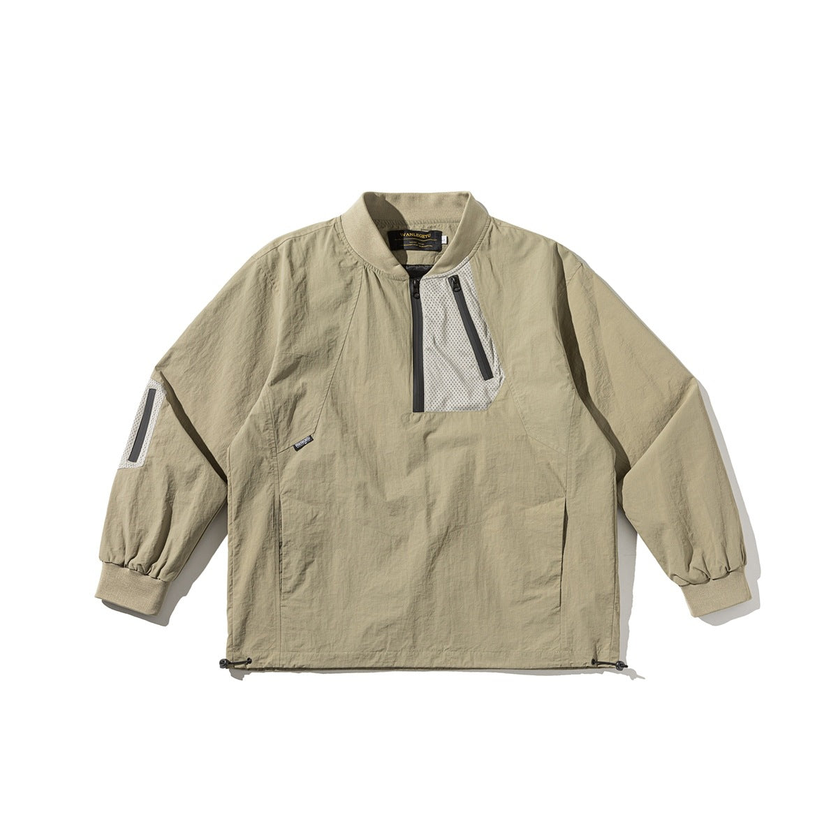 Khaki half-zip pullover jacket flat lay with light gray mesh chest panel, sleeve pocket, ribbed cuffs and drawcord hem