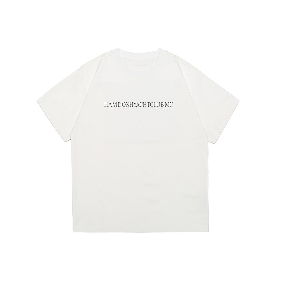 Front view of an off-white short-sleeve crew-neck T-shirt with narrow lettering across the chest.