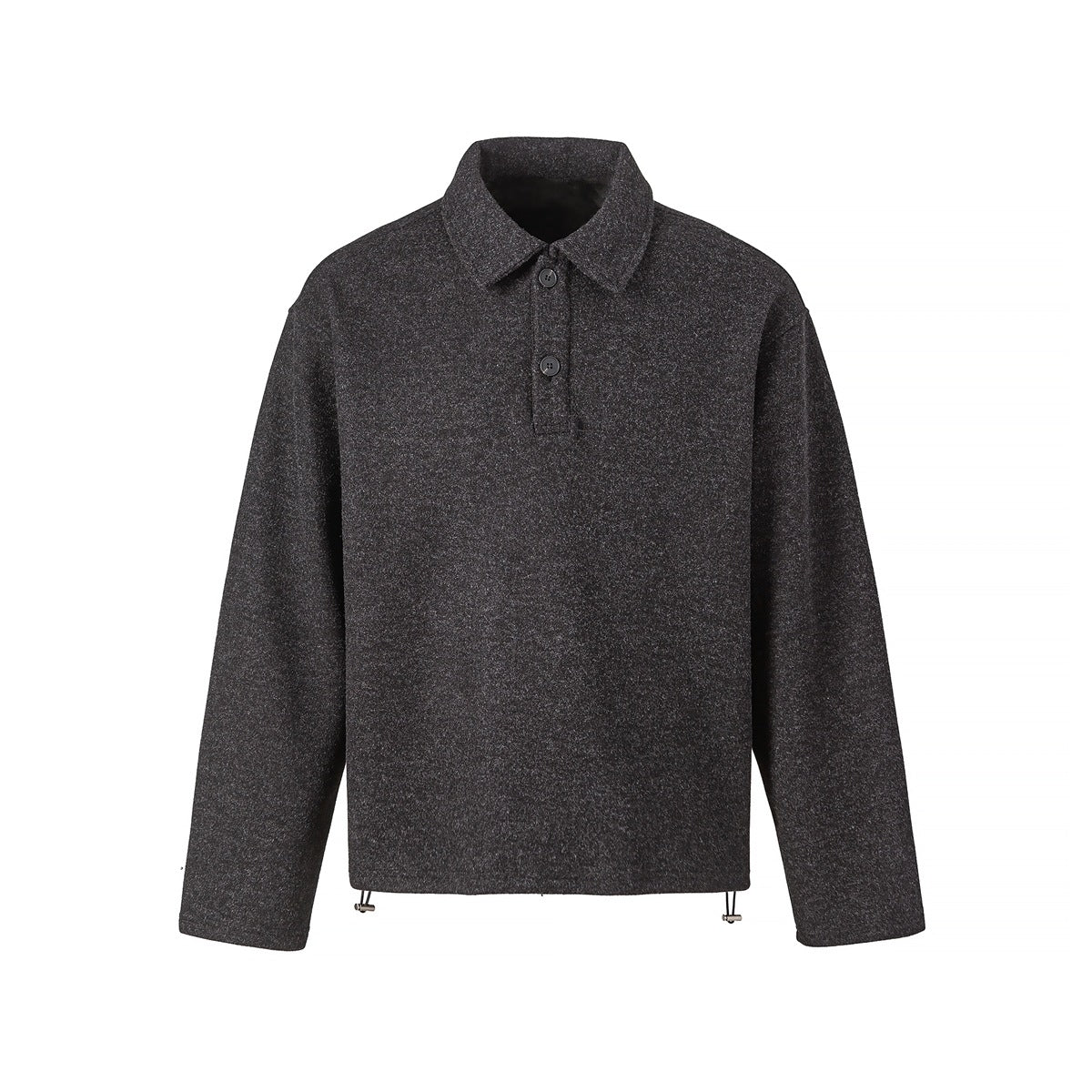 Dark gray heathered long-sleeve polo-style pullover with two buttons and hem drawcords, front view