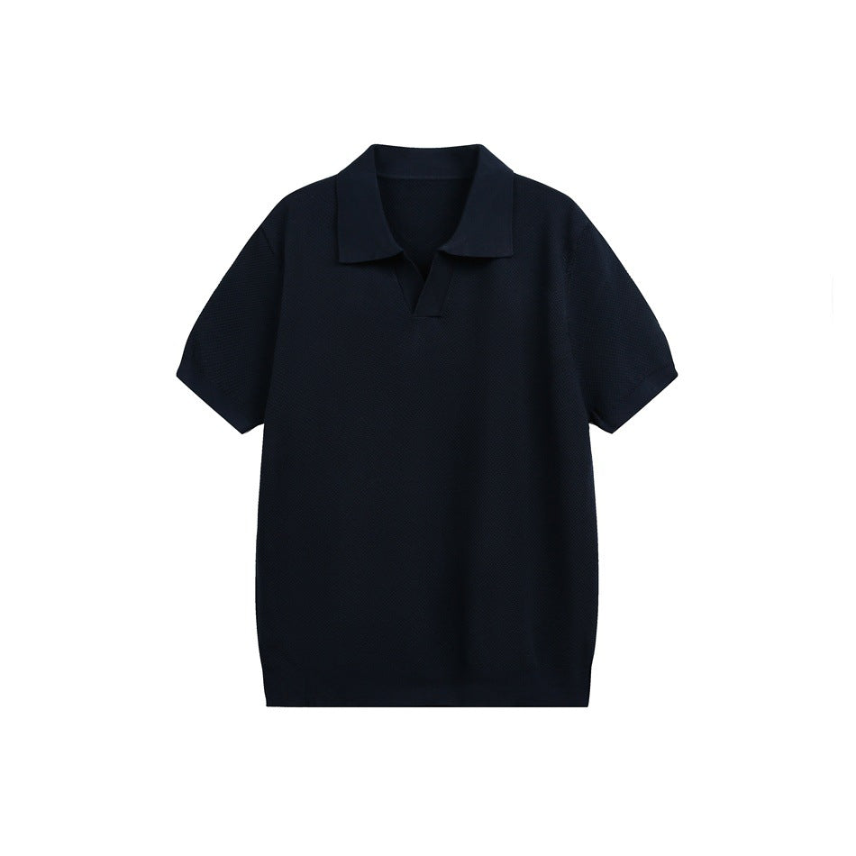 Navy knit short-sleeve polo shirt with open V placket and ribbed hem, flat lay front view