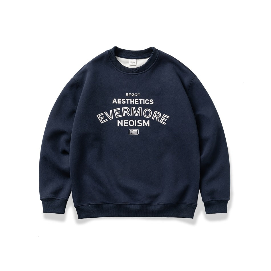 Front of navy blue crewneck sweatshirt with white arched 'AESTHETICS EVERMORE' lettering print and ribbed trim