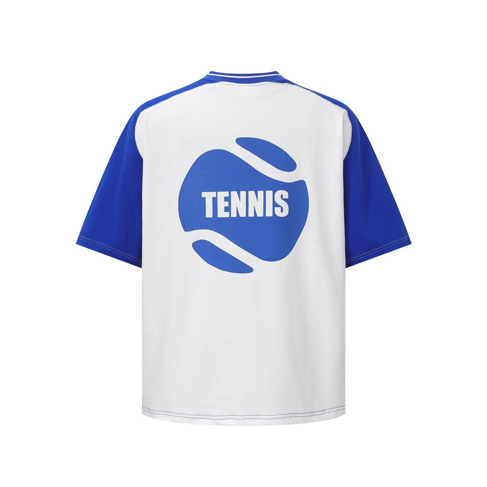 Back of white T-shirt with blue raglan sleeves and a large blue tennis ball graphic with TENNIS lettering