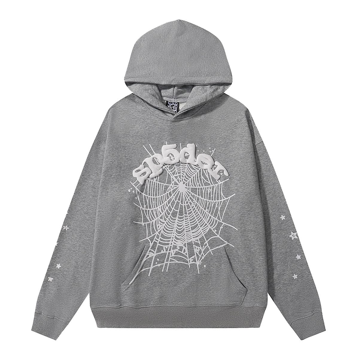 The Sp5der Hoodie – Grey Web 440GSM Heavyweight Oversized Streetwear Pullover features a bold white spiderweb graphic and "spider" lettering on the front, plus small white stars on the sleeves.