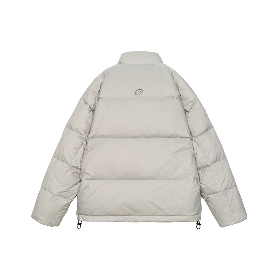 Back view of a light gray puffer jacket with a high collar, horizontal quilted panels, and hem toggles.