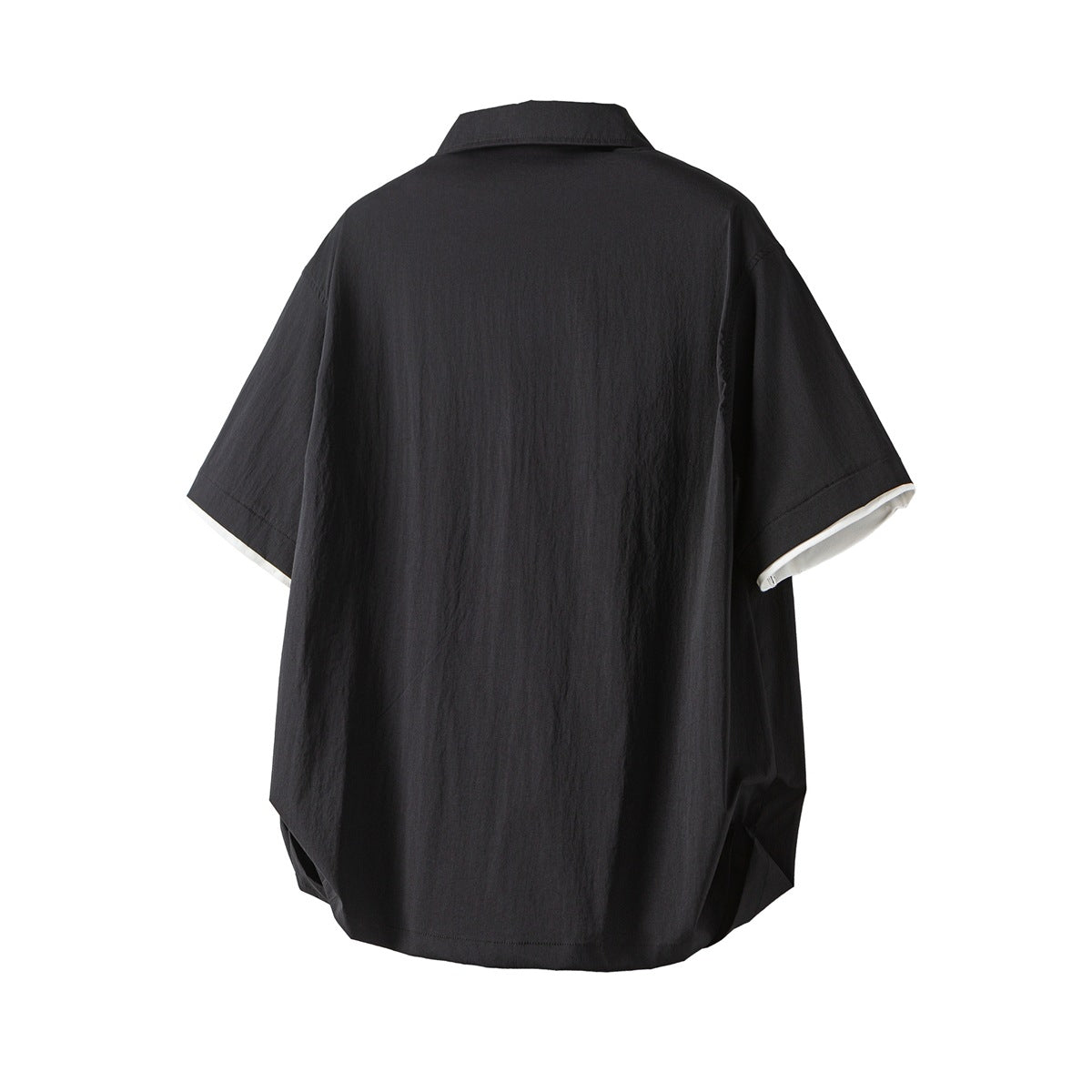 Back view of black short-sleeve shirt with collar, white inner sleeve trim and curved hem