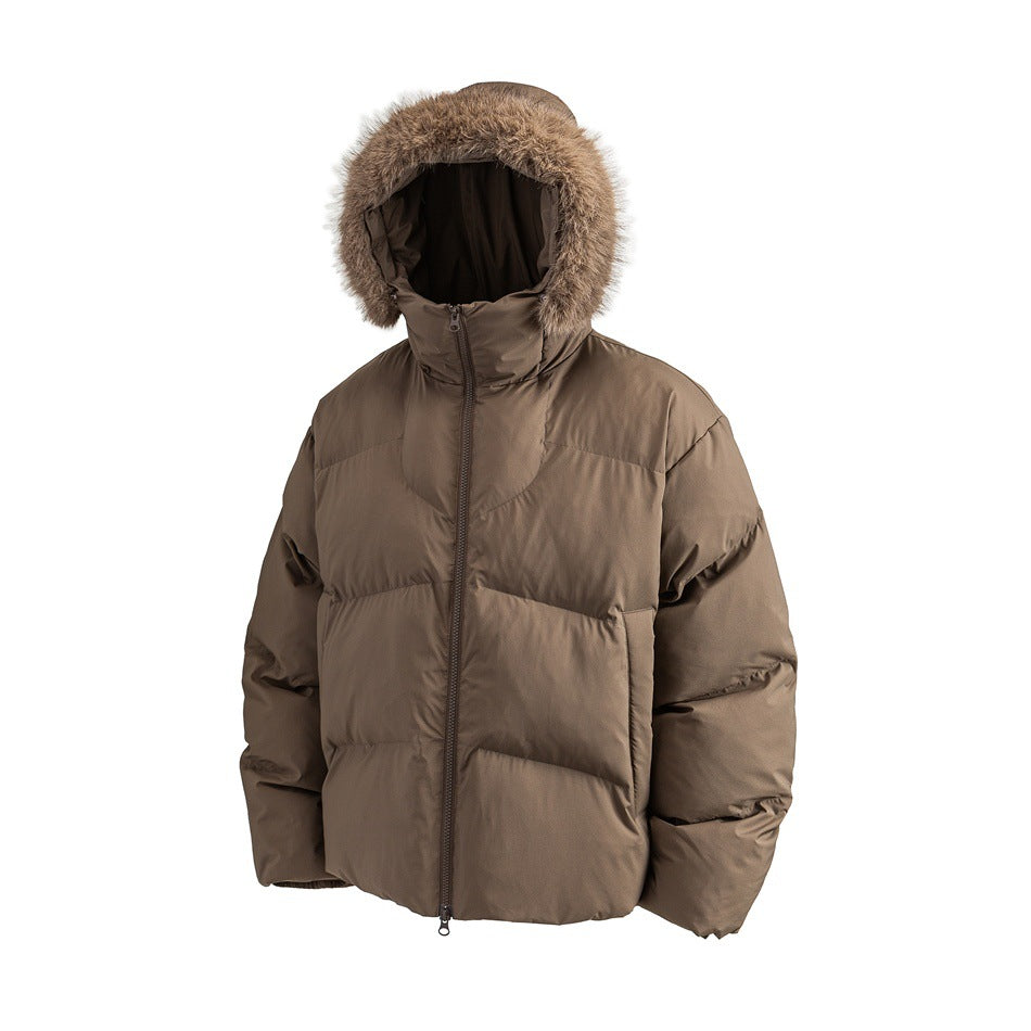 Front view of a brown quilted puffer jacket with a zip closure, high collar, and fur-trimmed hood.