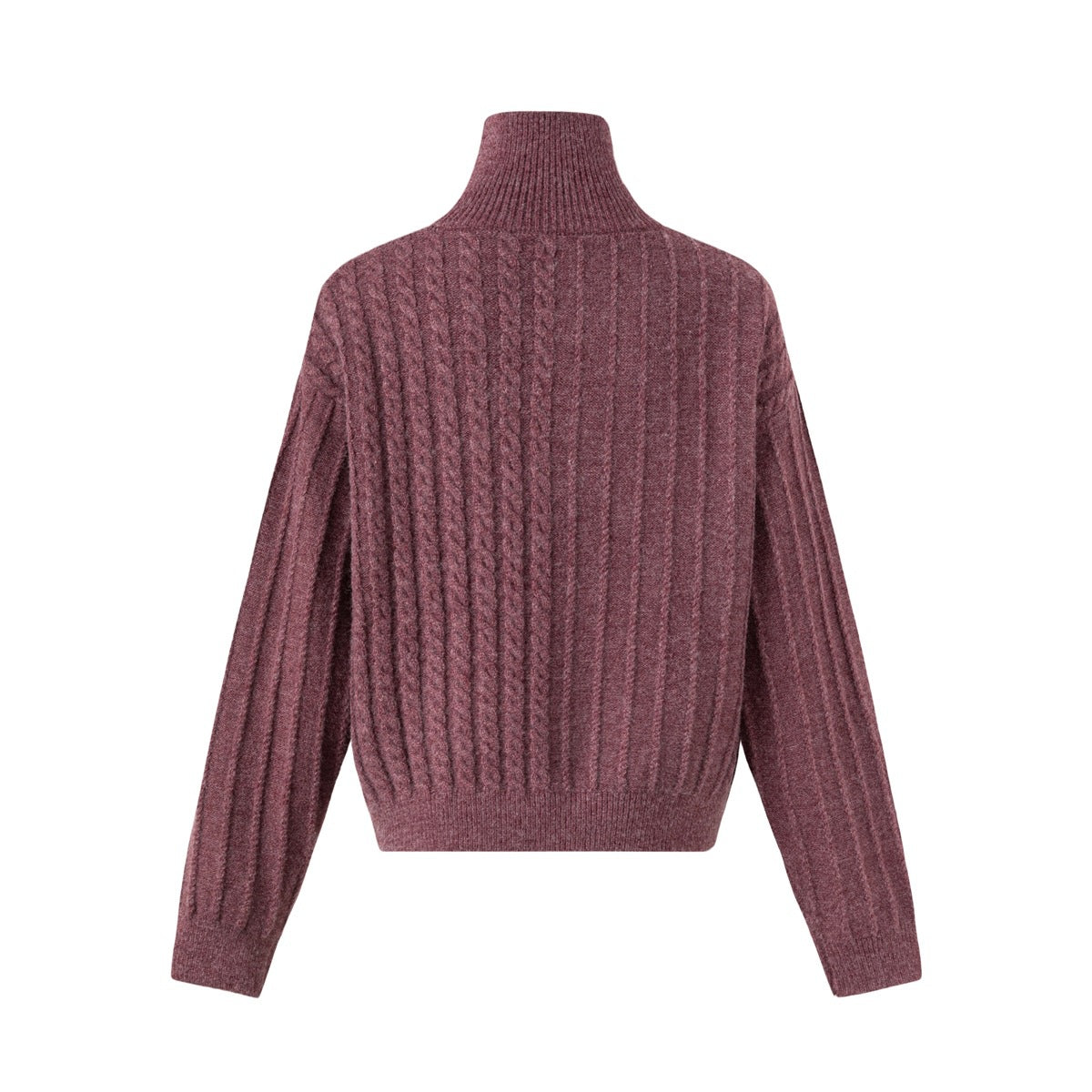 Back view of wine-red cable-knit high-neck sweater with ribbed hem and cuffs