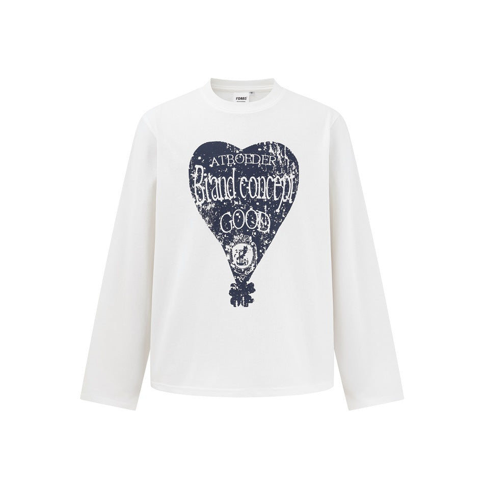 White long-sleeve crew-neck T-shirt with a navy distressed heart graphic and text on the chest