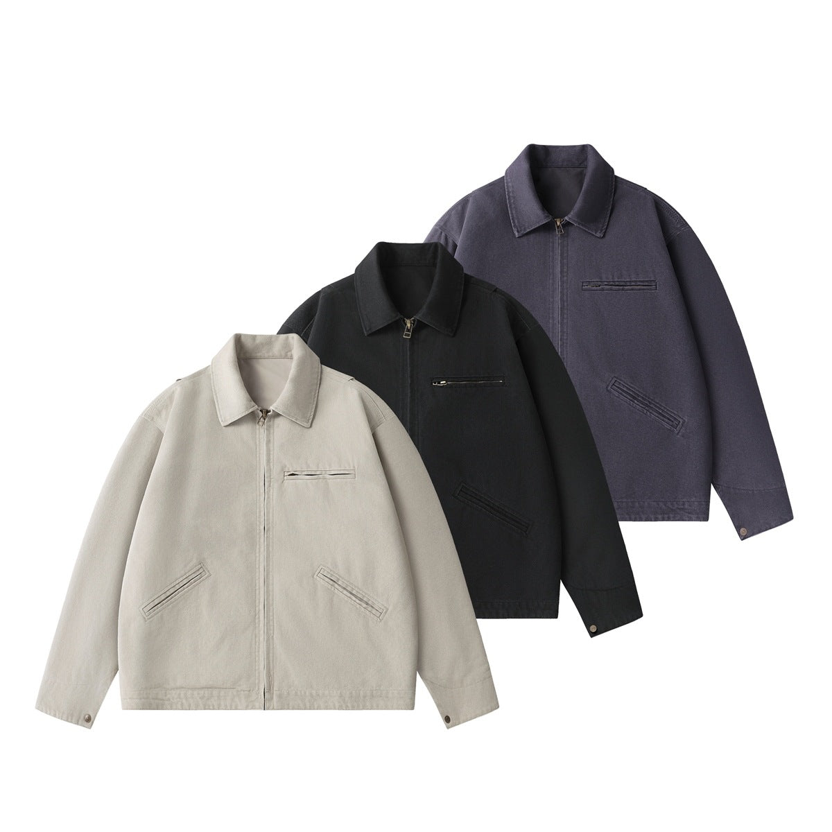 Three front views of a collared zip jacket in light beige, black, and muted purple-gray.