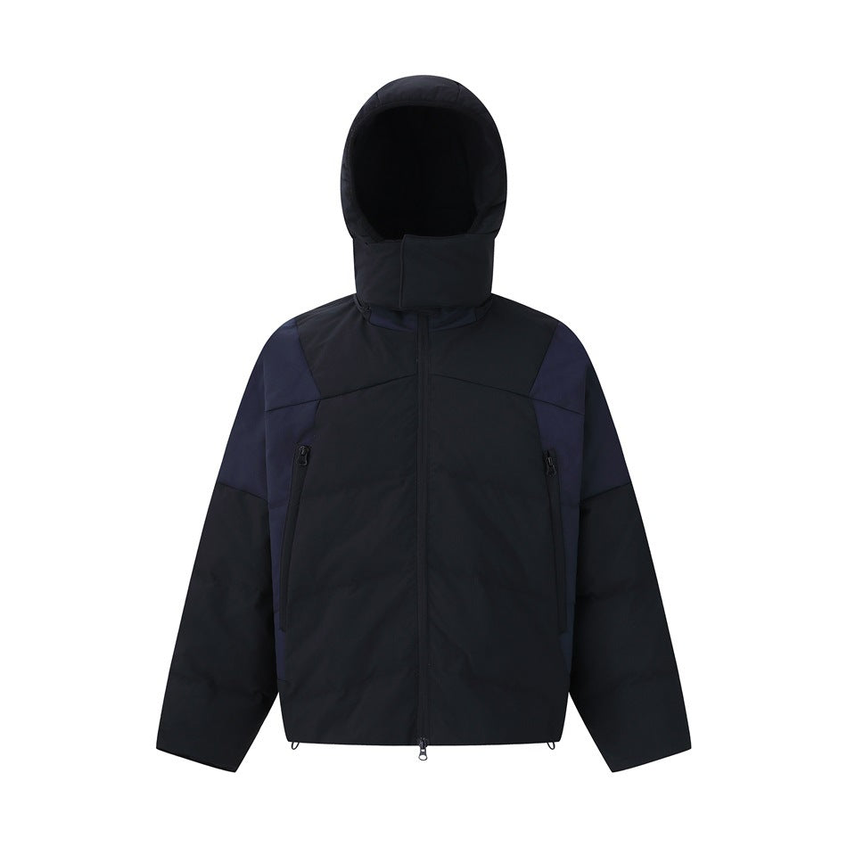Front view of a black and navy color-block jacket with the hood up, a full-length zipper and two zip pockets.