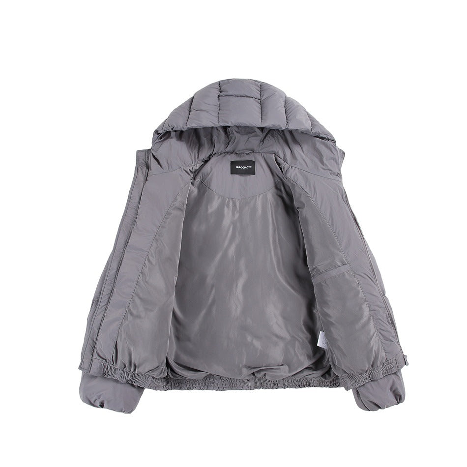 Gray hooded jacket opened flat to show its smooth interior lining and inner label.