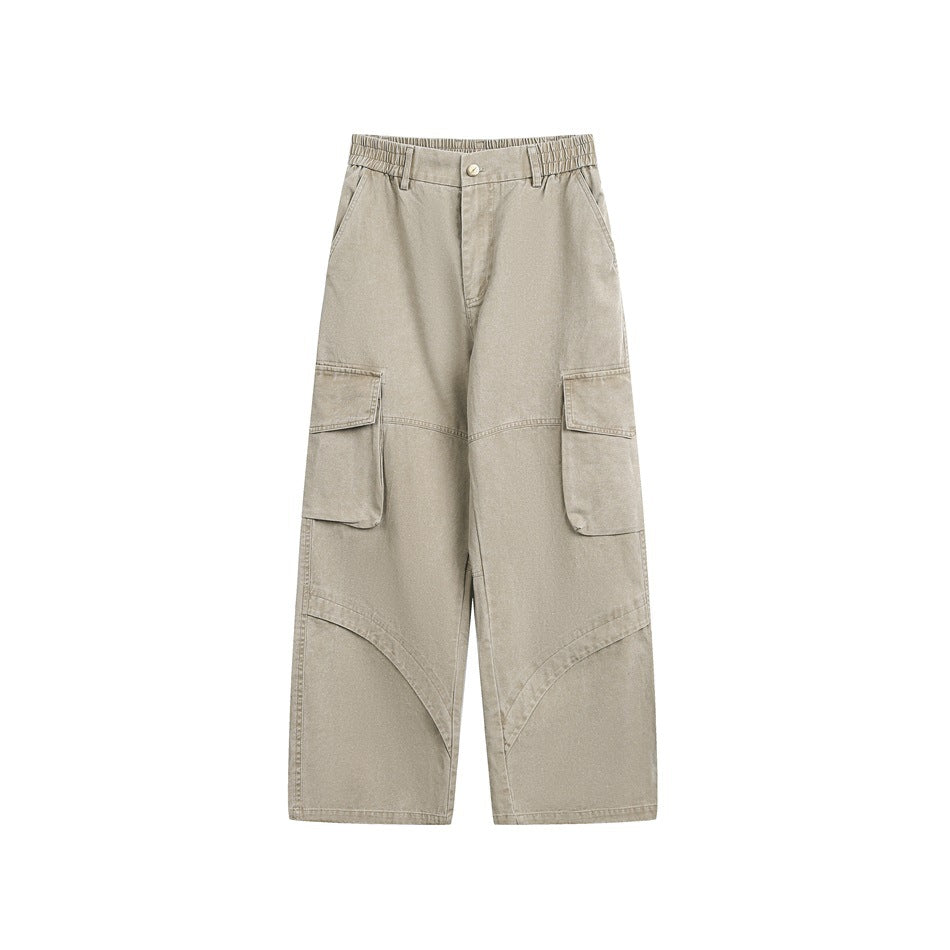 Khaki washed wide-leg cargo pants, front view, with elastic waist sections and large flap side pockets