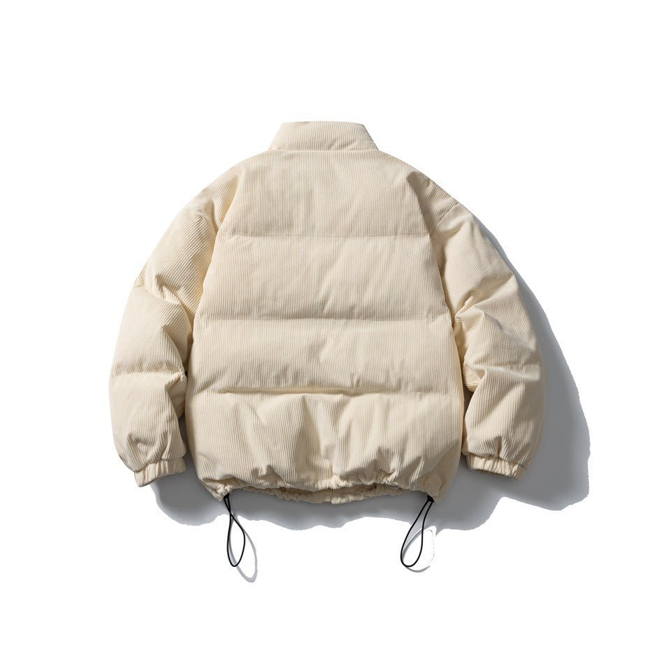 Back view of a cream padded jacket with a stand collar, horizontal panels and gathered cuffs.