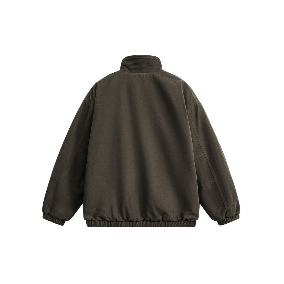 Back view of olive-brown zip jacket with stand collar, paneled sleeves and elastic cuffs and hem