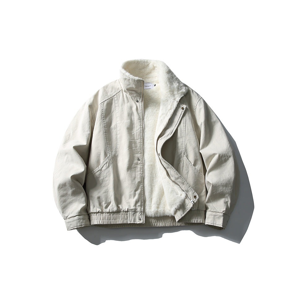 Off-white jacket flat lay with the zip open, showing the cream fleece-like interior lining and collar