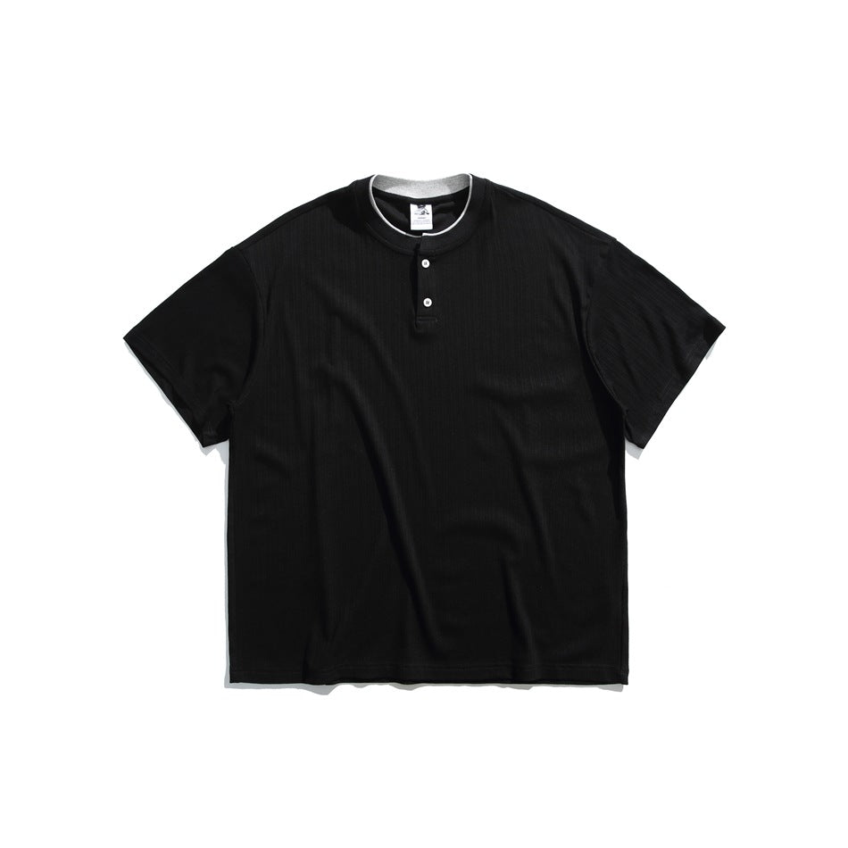 Black short-sleeve henley T-shirt with two buttons, white-piped gray inner collar and ribbed texture, flat lay front