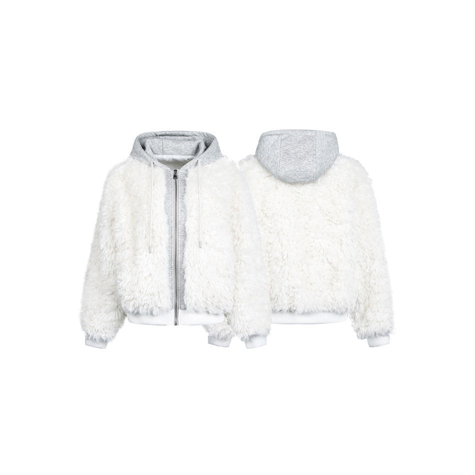White fluffy zip hoodie shown from the front and back, with a gray hood, drawstrings, and ribbed cuffs and hem.