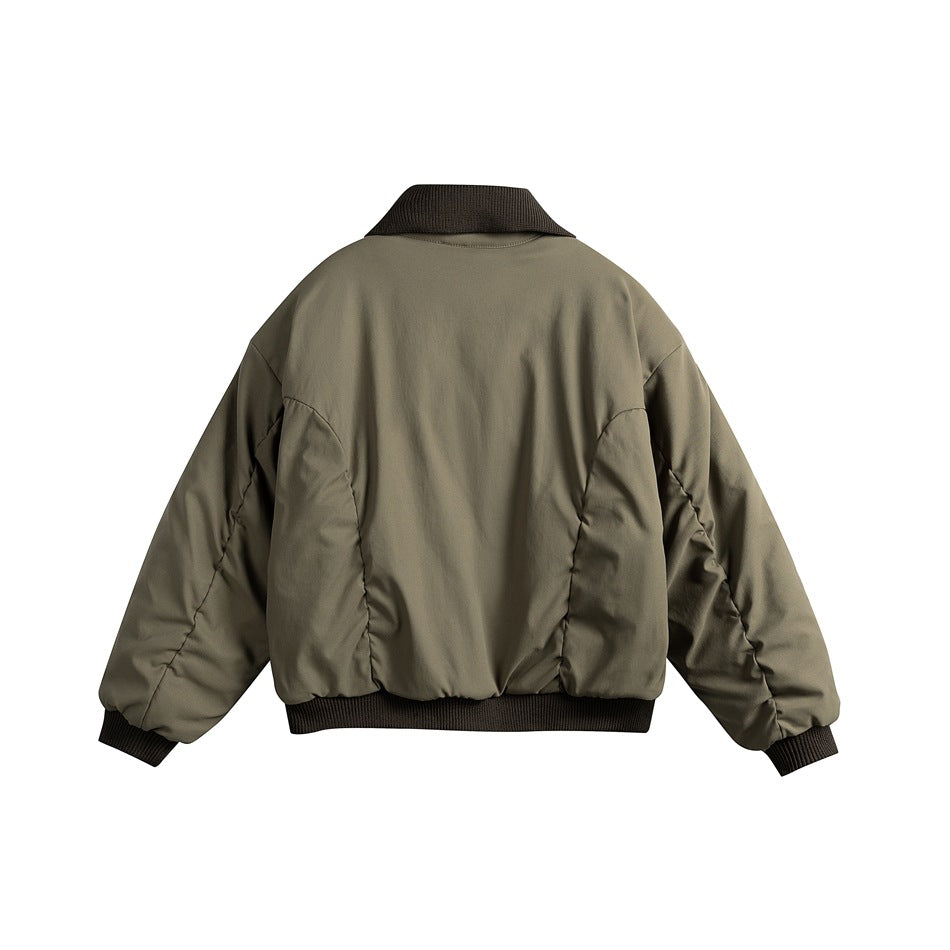 Back view of an olive jacket with a dark brown collar, ribbed hem, and cuffs.