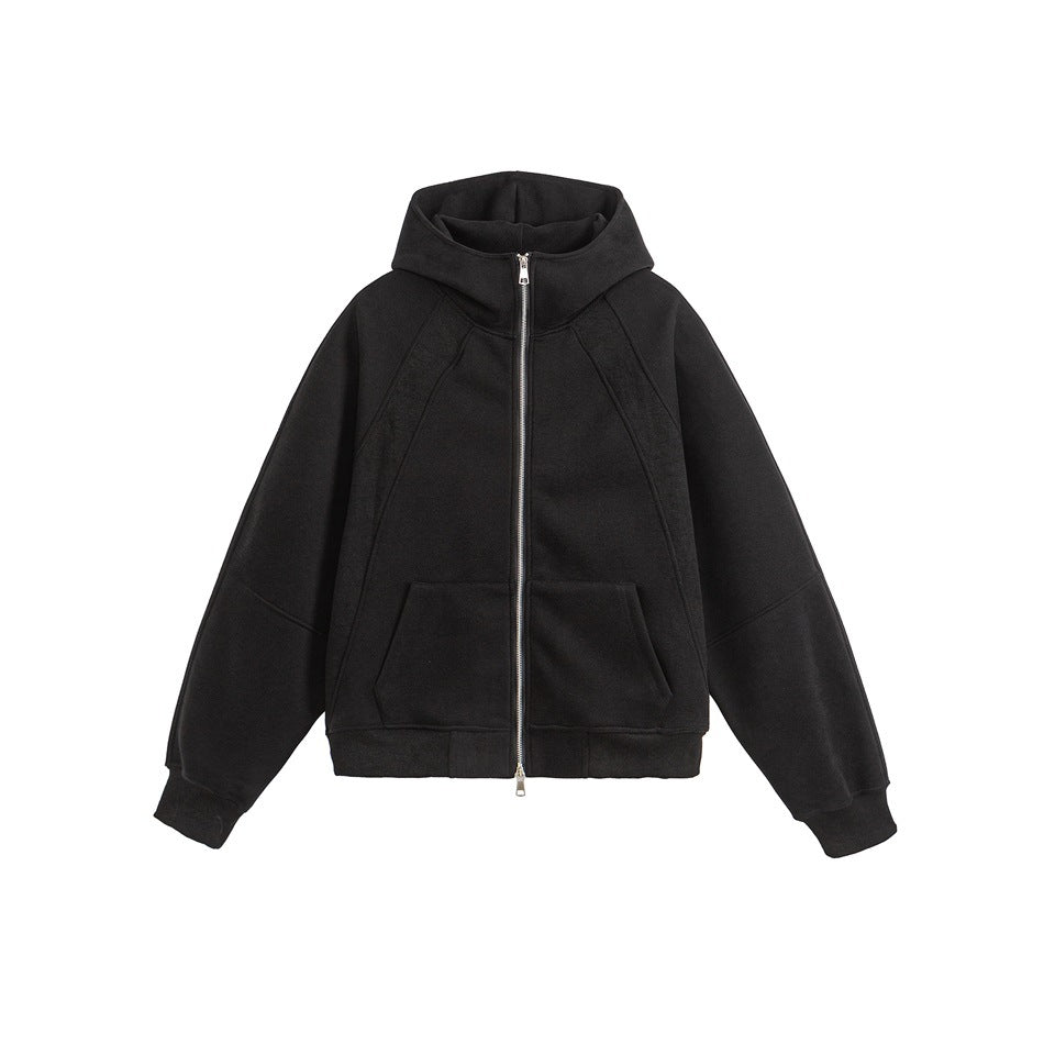 Black full-zip hooded sweatshirt jacket with raglan sleeves, front pockets and ribbed cuffs and hem, flat lay