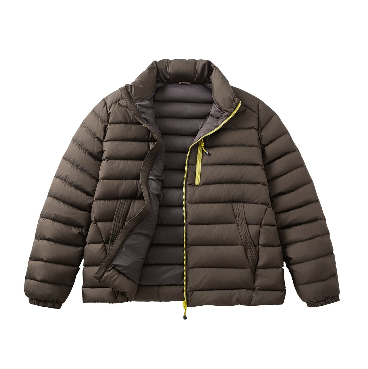 Coffee brown quilted jacket laid flat with the front unzipped, showing gray lining and yellow-green zipper