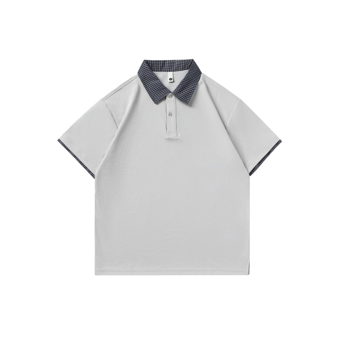 Light gray short-sleeve polo shirt with navy checked collar and cuff trim, flat front view