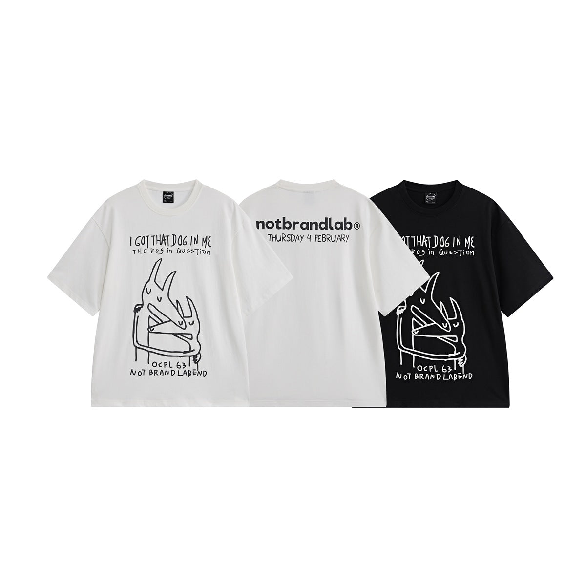 Off-white front and back views and a black front view of a graphic T-shirt, displayed together.