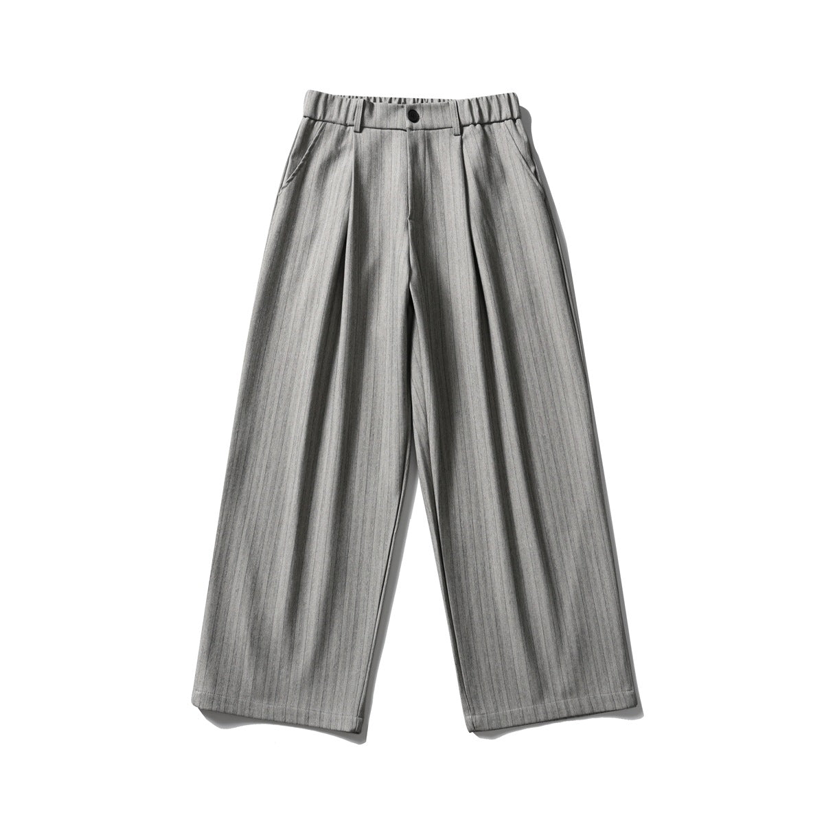 Light gray pinstriped wide-leg trousers with elastic waistband, front pleats and button closure, flat lay front view
