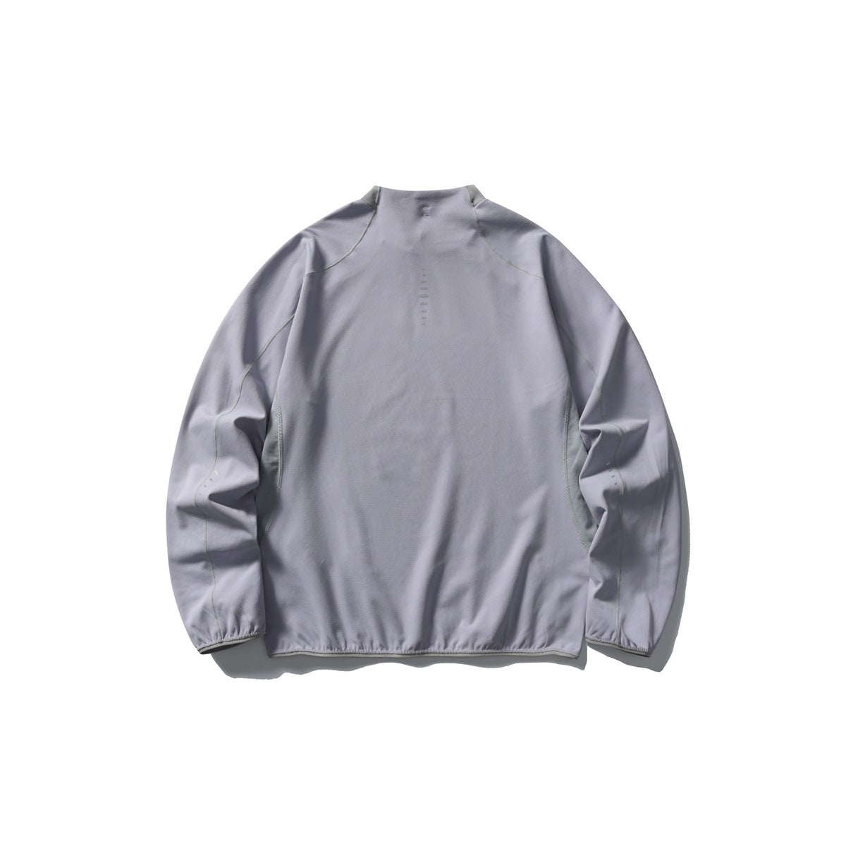 Back view of a light lavender-gray long-sleeve pullover with a high collar and subtle contrast piping.