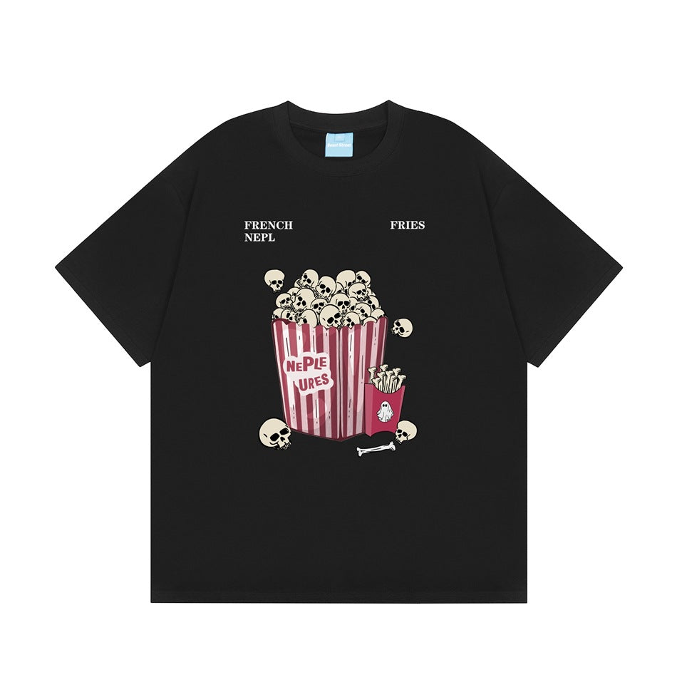 Black short-sleeve crew-neck T-shirt with a skull popcorn bucket and fries graphic, flat front view