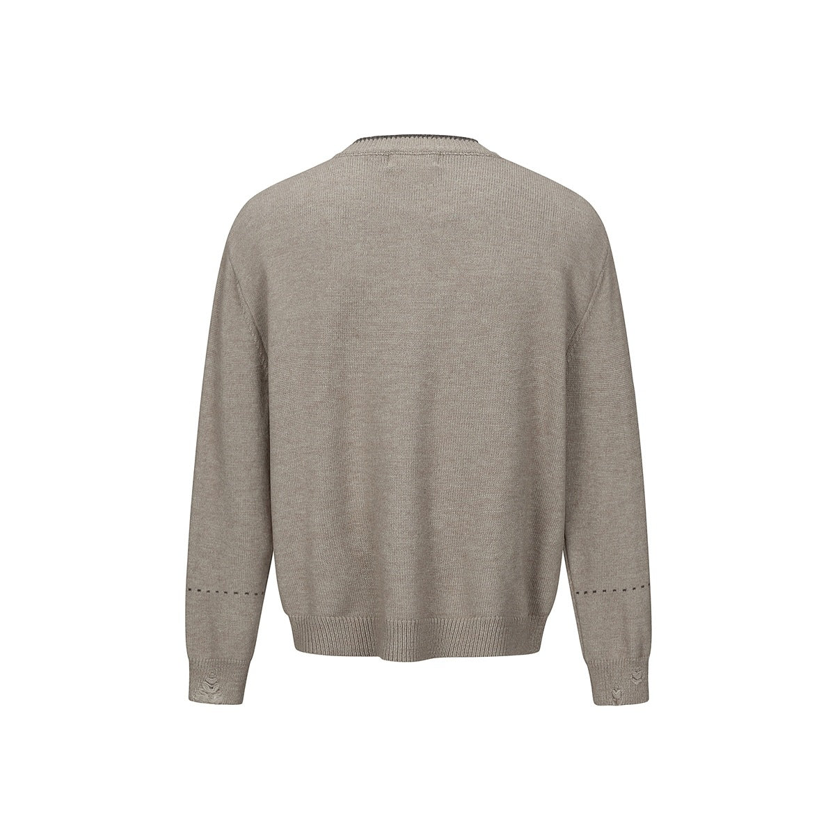 Back view of a taupe knit cardigan with long sleeves, ribbed cuffs and hem, and small dotted sleeve details.