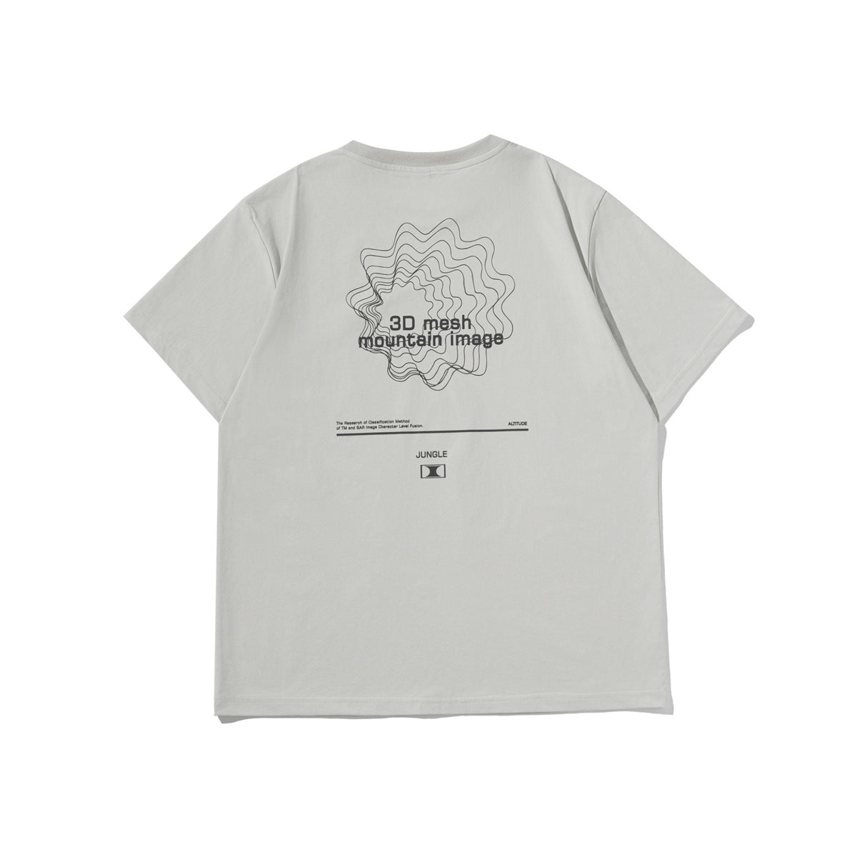 Gray short-sleeve T-shirt back view with wavy line graphic and '3D mesh mountain image' print